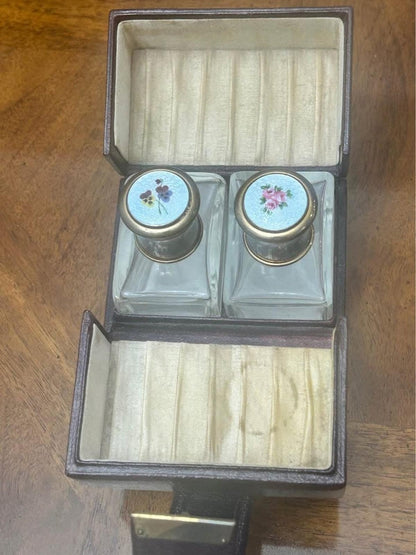 Antique Guilloche Enamel Double Scent Bottles with Leather Travel Case