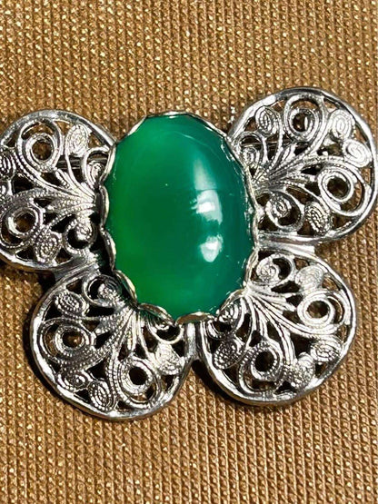 Mid-Century Vintage Silver-Tone Filigree Butterfly Brooch with Vibrant Green Glass Cabochon