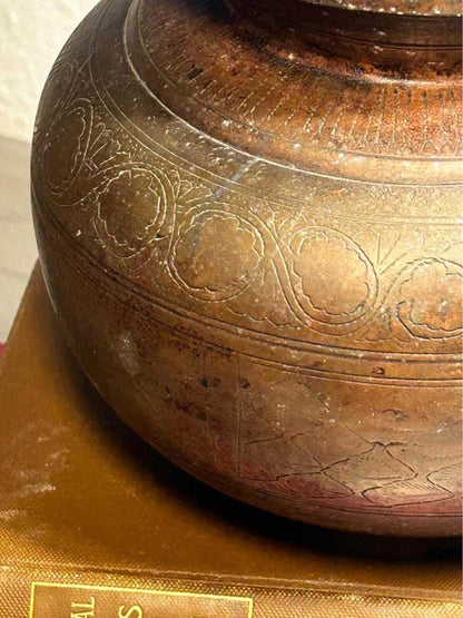 Vintage Hand-Engraved Indian Brass Lota Kalash Water Pot Etched Metal Vase