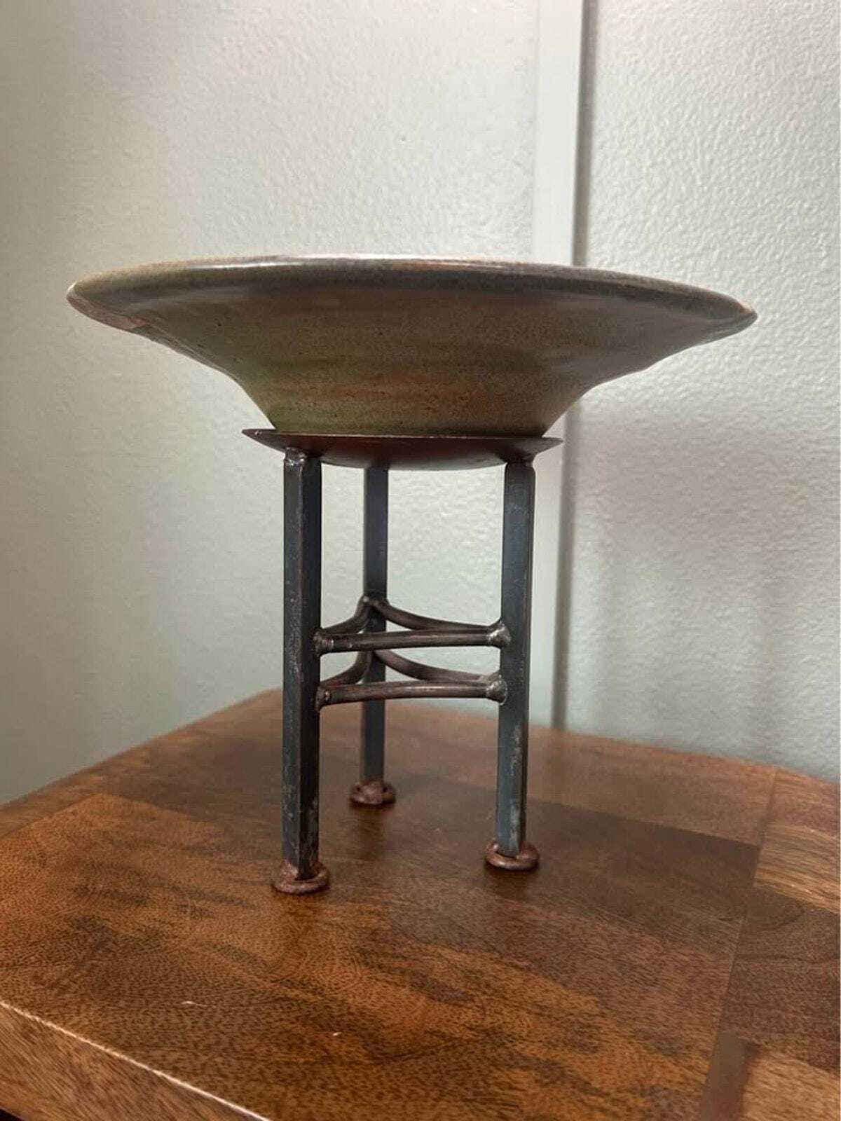 Signed Studio Pottery Bowl on Hand-Forged Iron Tripod Standard
