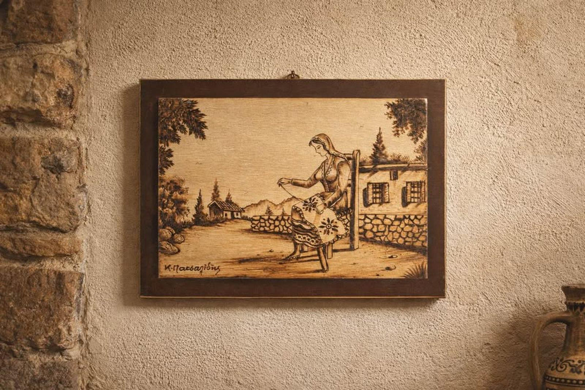 Vintage Lambousa Cyprus Pyrography Art Plaque – Lefkaritika Lace Scene, Signed K. Matsagides