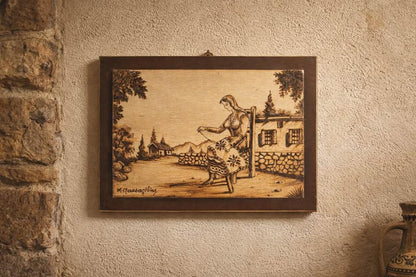Vintage Lambousa Cyprus Pyrography Art Plaque – Lefkaritika Lace Scene, Signed K. Matsagides
