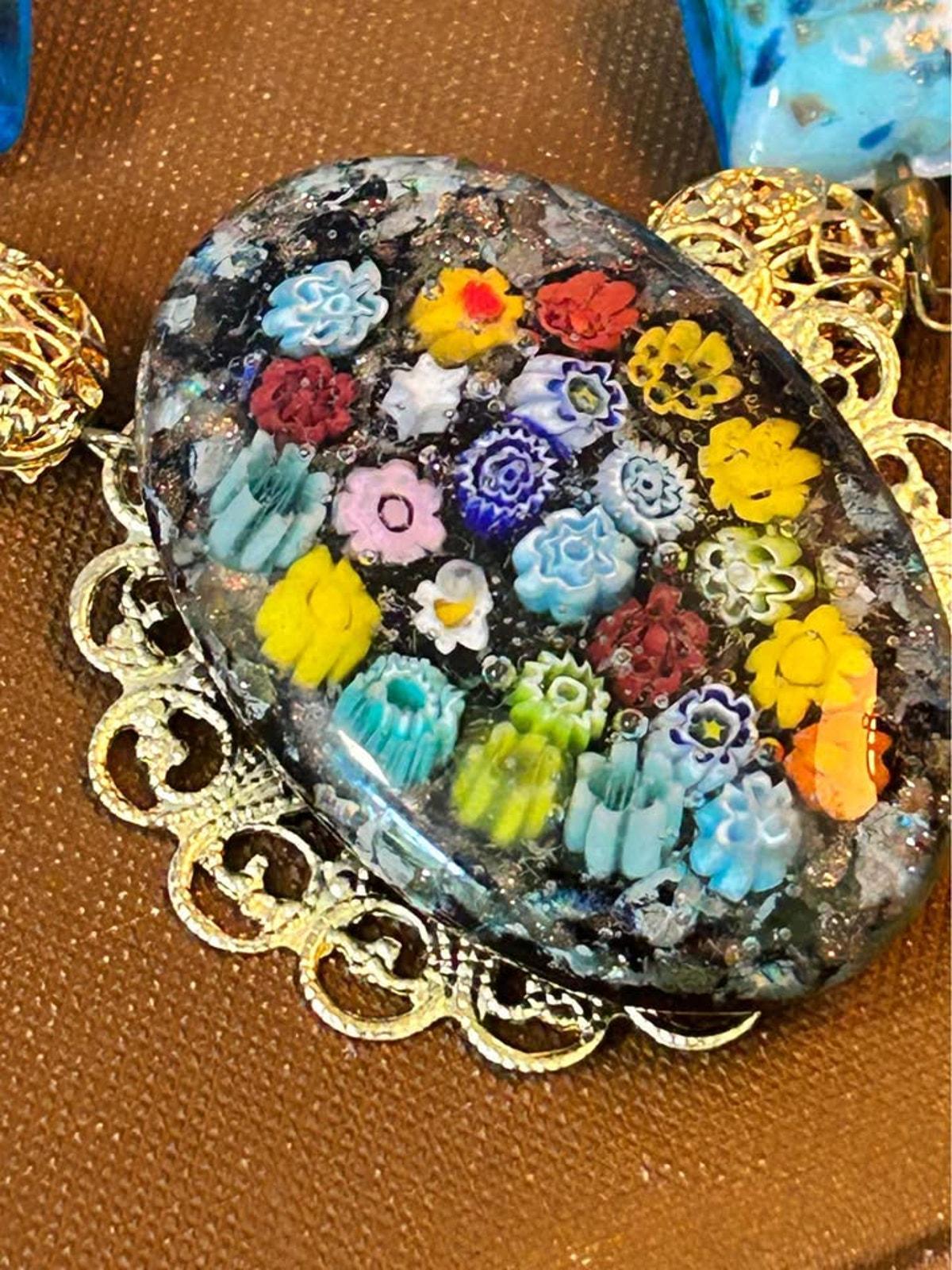 Vintage Murano Glass Millefiori Pendant Necklace Blue Foil Beads