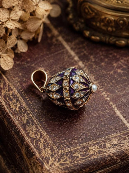 Vintage Fabergé Style Purple Enamel Egg Pendant with Rhinestone Accents
