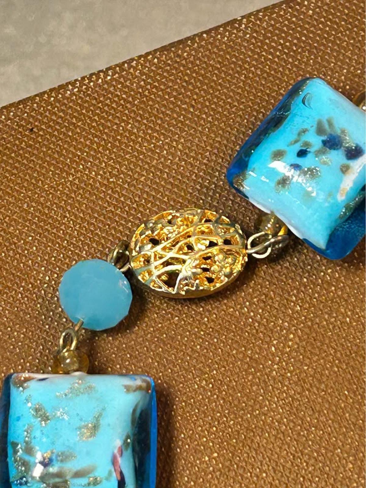 Vintage Murano Glass Millefiori Pendant Necklace Blue Foil Beads