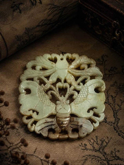 Vintage Chinese Carved Nephrite Jade Butterfly Medallion Plaque Russet Inclusions