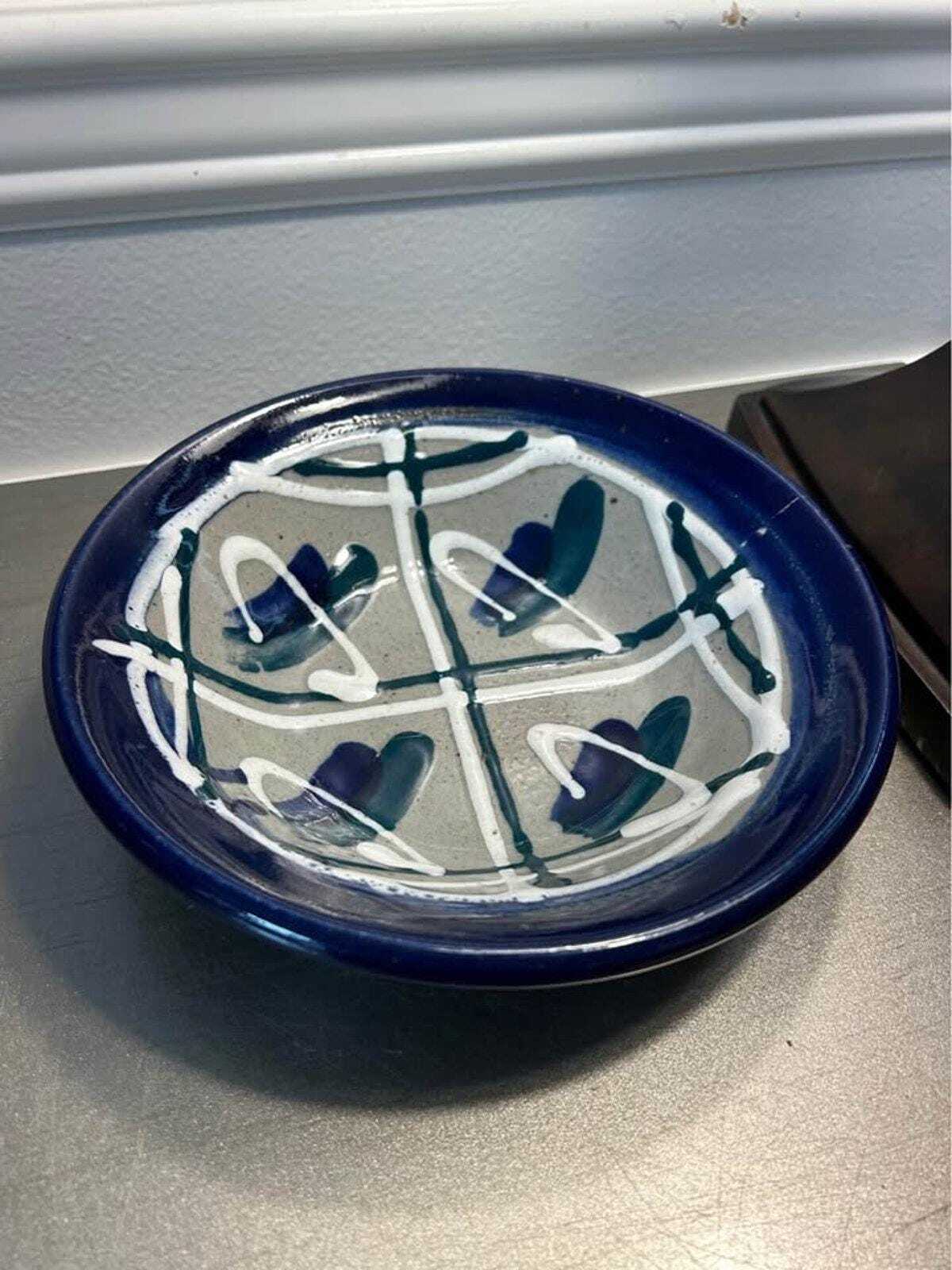 John Bauman Signed Studio Pottery Bowl, Abstract Blue & White Stoneware