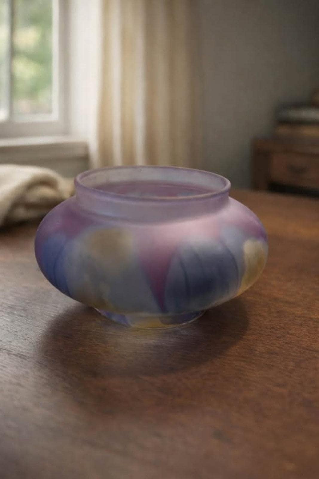 Nouveau Art Glass by Rueven Hand Painted Frosted Satin Glass Cabinet Vase