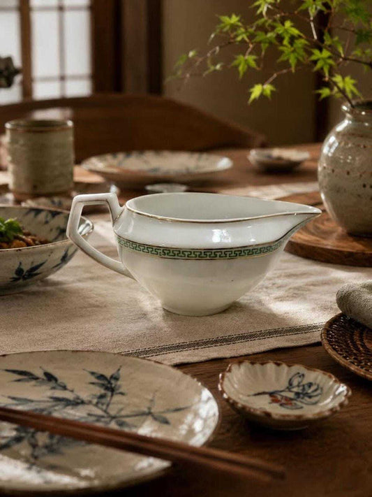 Antique N&C Nagoya Nippon Porcelain Sauce Boat | Green Greek Key Gold Trim Pitcher