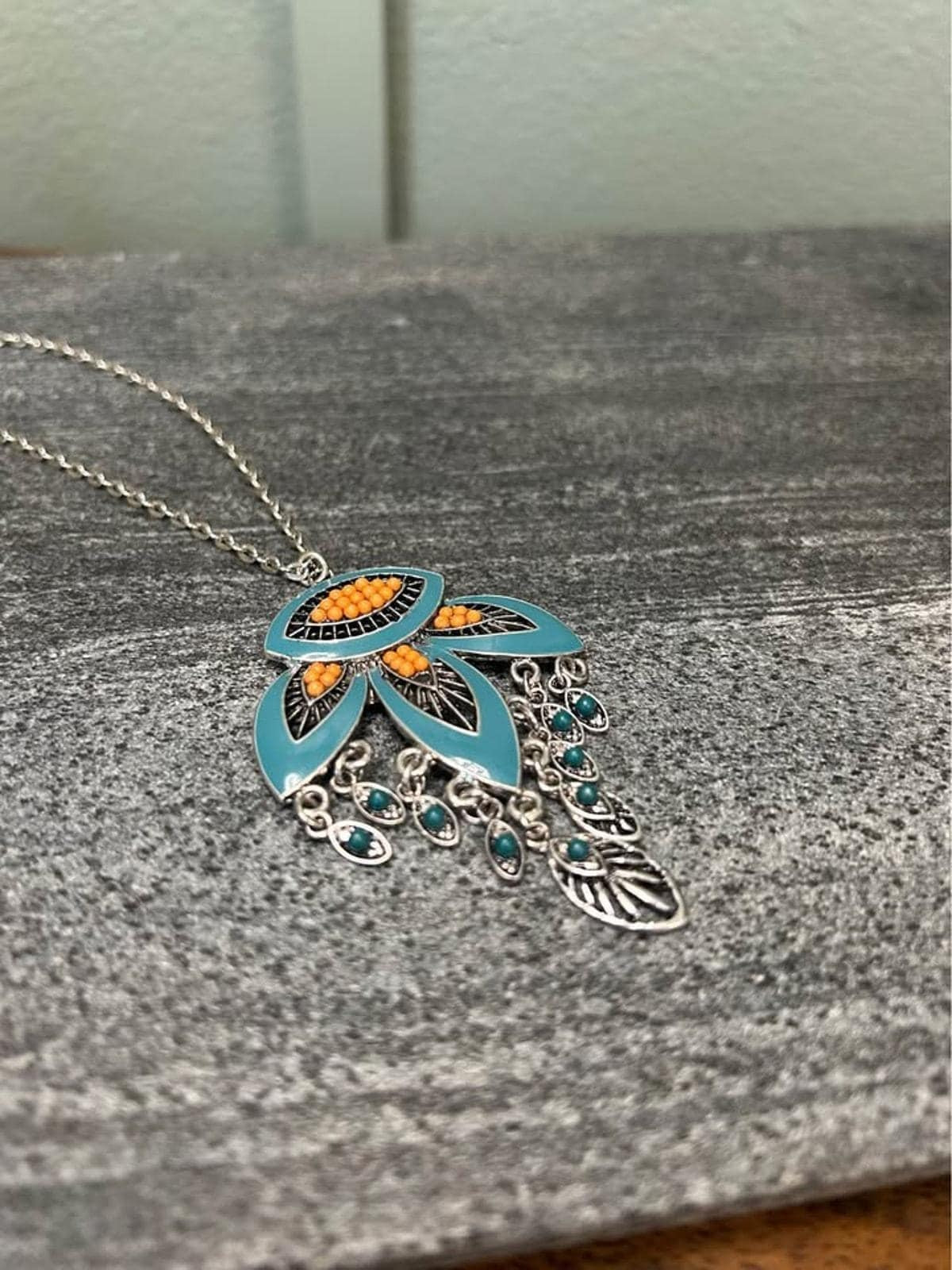 Boho Teal Enamel and Coral Seed Bead Chandelier Pendant Necklace