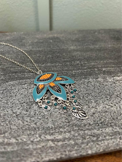 Boho Teal Enamel and Coral Seed Bead Chandelier Pendant Necklace