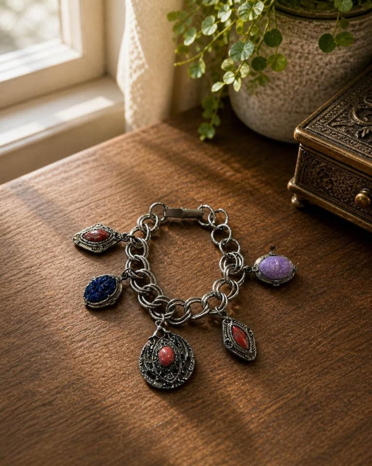 Vintage Mid Century Egyptian Revival Scarab and Intaglio Multi Charm Bracelet
