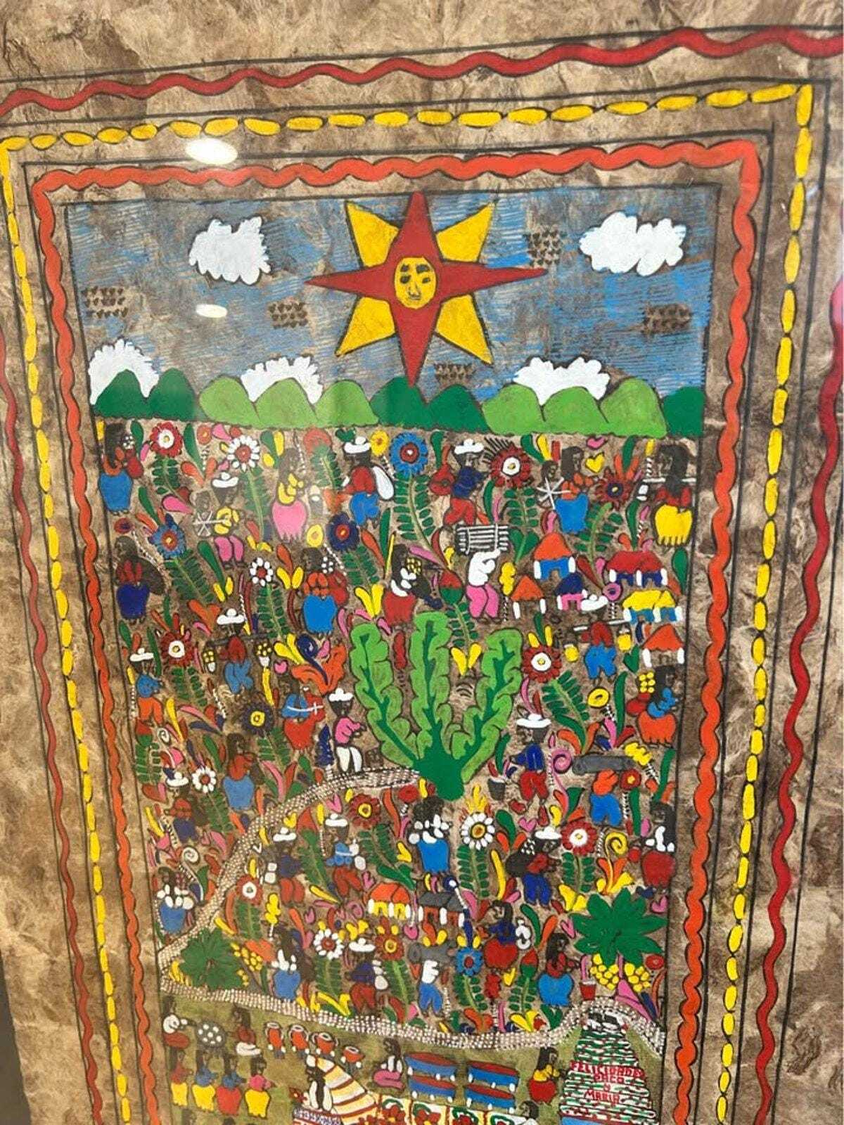 Vintage Mexican Amate Bark Painting – Nahua Folk Art Wedding Scene