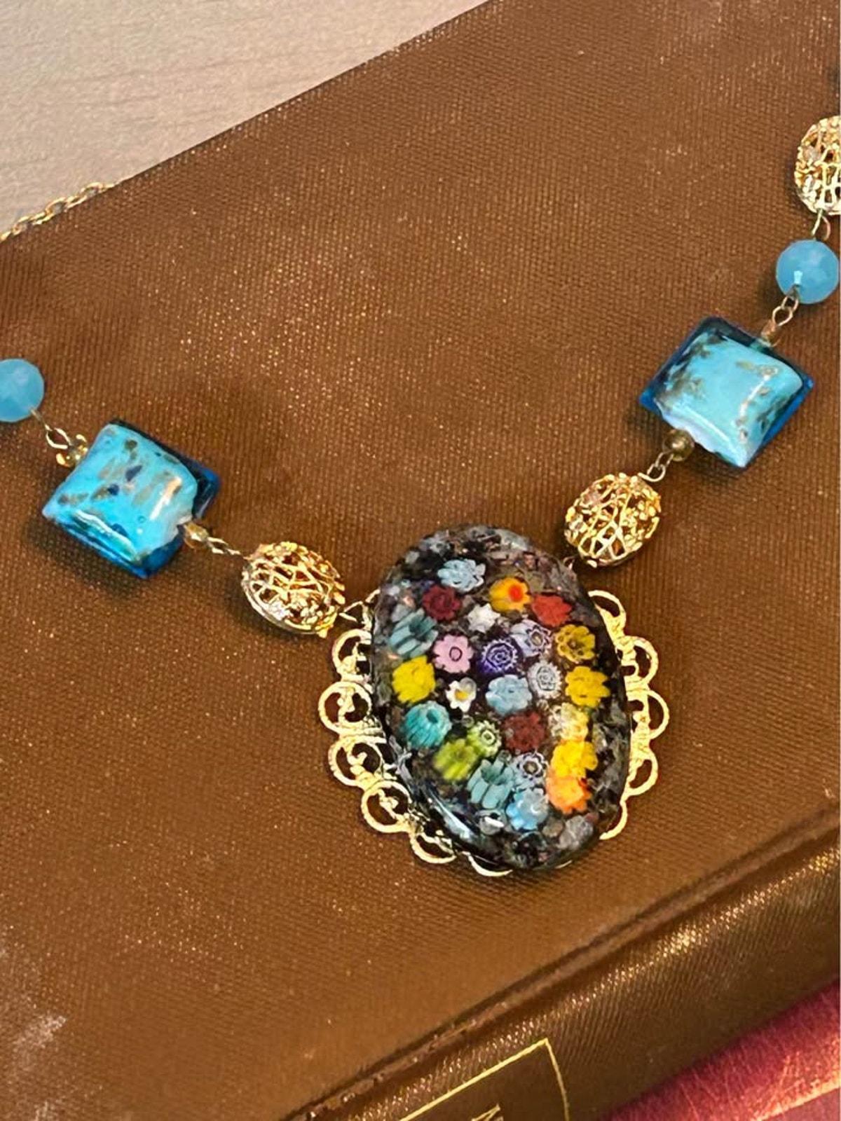 Vintage Murano Glass Millefiori Pendant Necklace Blue Foil Beads