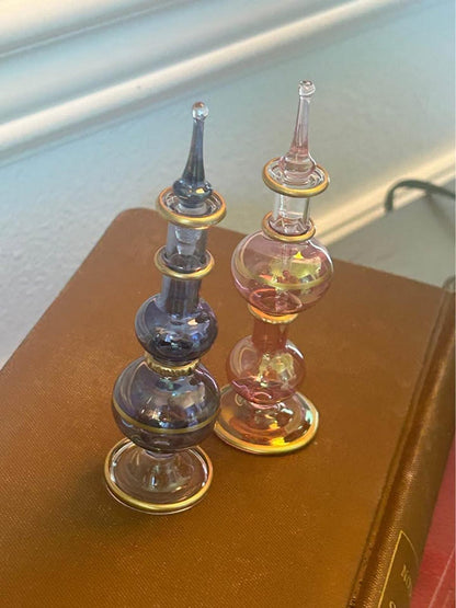 Vintage Egyptian Hand Blown Glass Perfume Bottles Gold Gilt Trim Set of Two