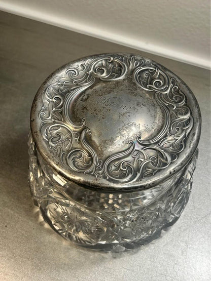 Antique Sterling Silver Repousse & ABP Cut Glass Vanity Set | Celtic Mirror and 14 inch Tray