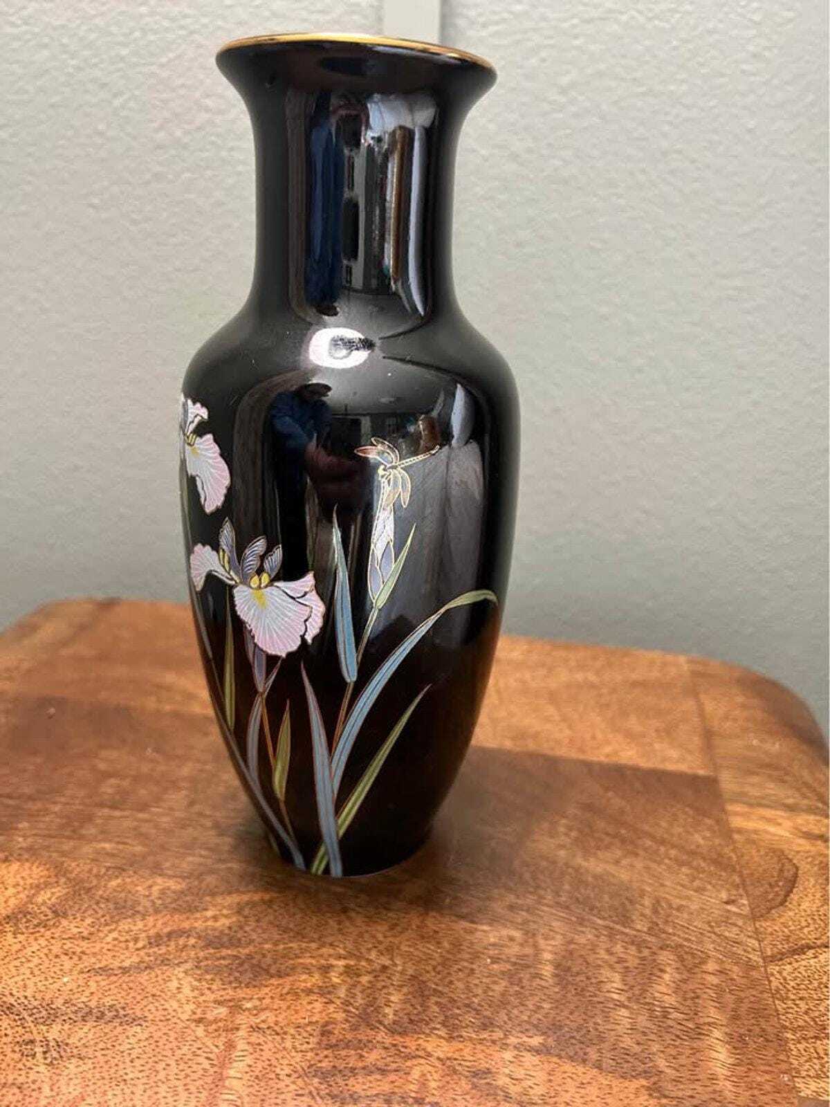 Kyoritsu Japan Black Porcelain Iris Vase