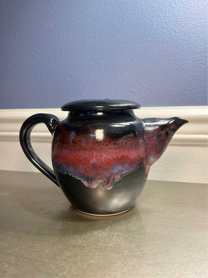 Larry Bruning Signed Porcelain Teapot | Leopard Black with Lilac & Cranberry Accents | Mid-90s Studio Work