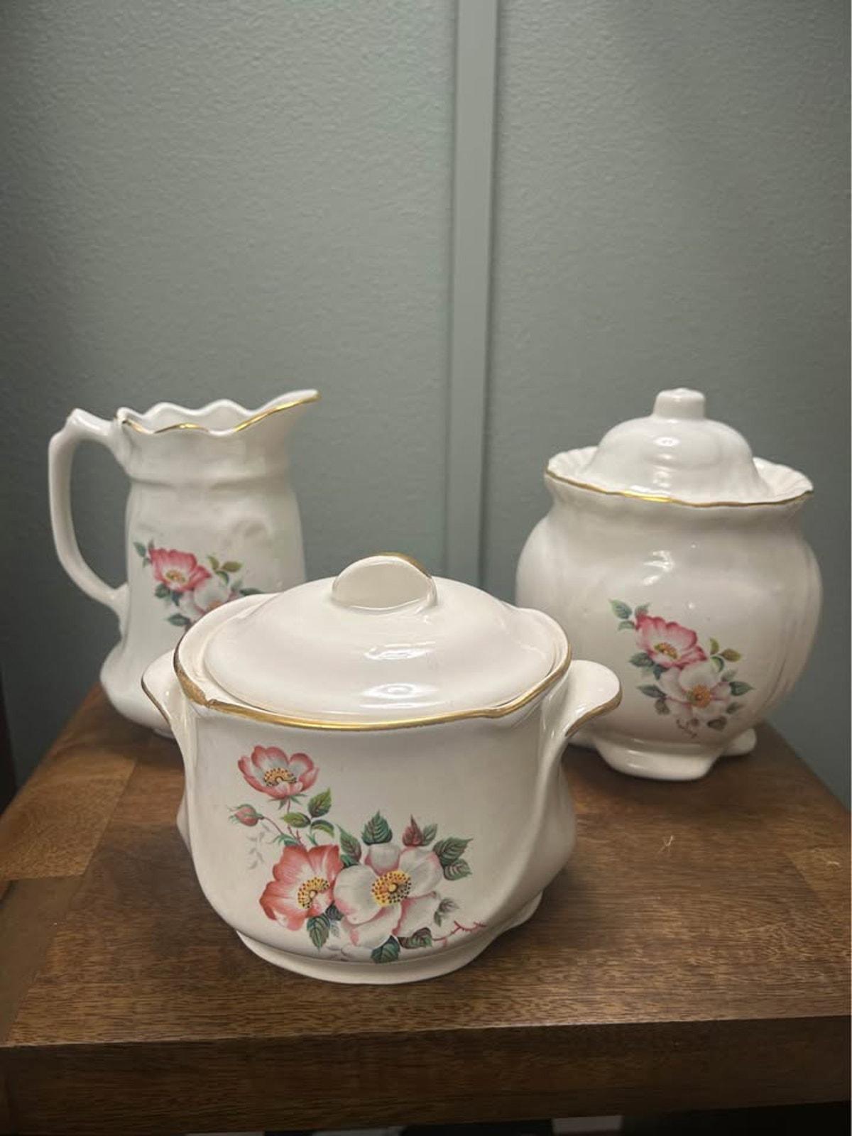 Vintage House of Webster Tea Set | Wild Rose Motif, Gold Gilt, Hand-Painted Pottery
