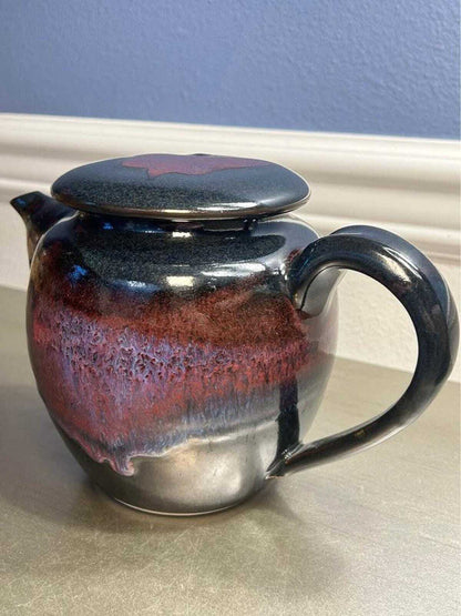 Larry Bruning Signed Porcelain Teapot | Leopard Black with Lilac & Cranberry Accents | Mid-90s Studio Work