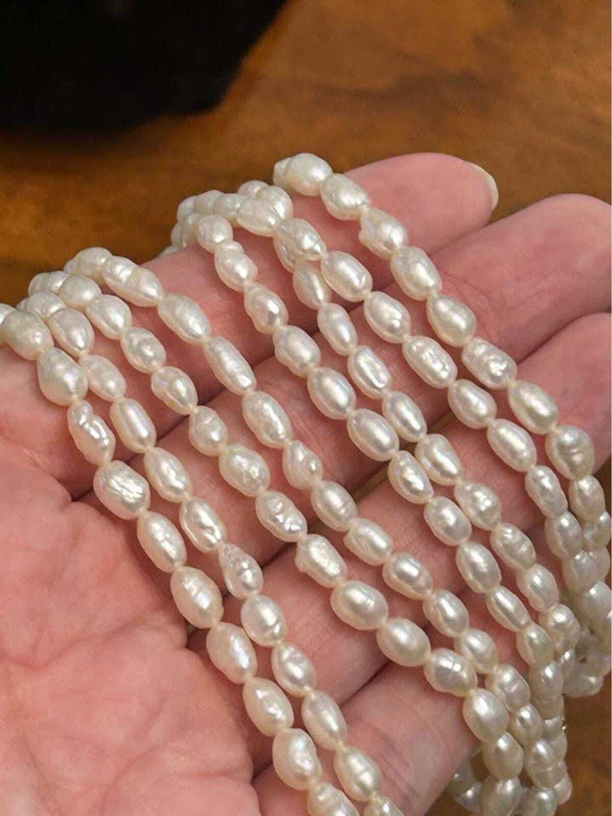 Vintage Double Strand Freshwater Rice Pearl Necklace 14K Gold Clasp