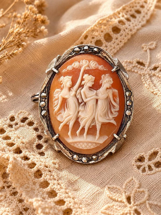 Vintage 800 Silver Carved Shell Three Graces Cameo Marcasite Brooch Pendant