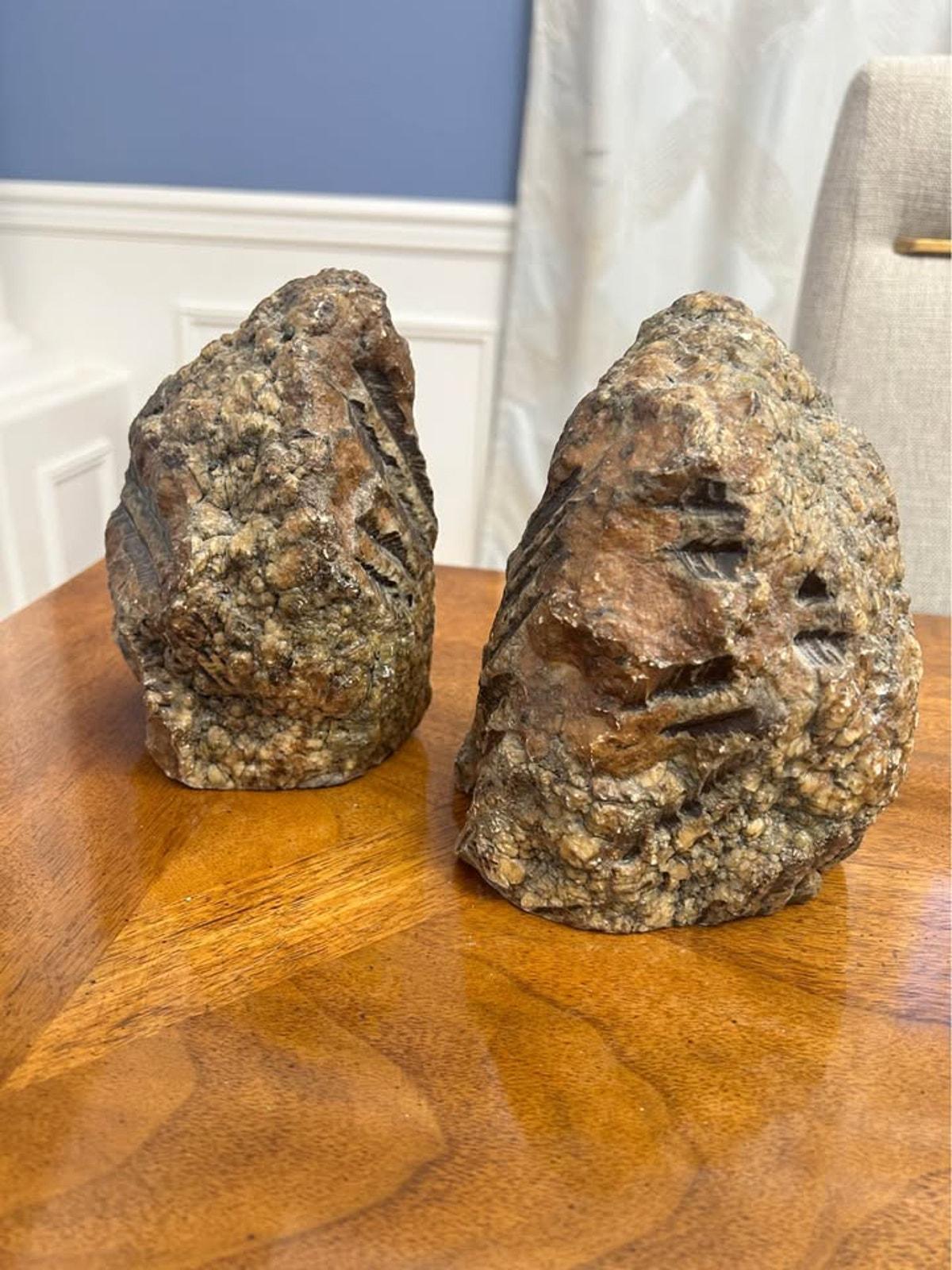 Vintage Italian Polished Faux Bois Stone Brutalist Bookends