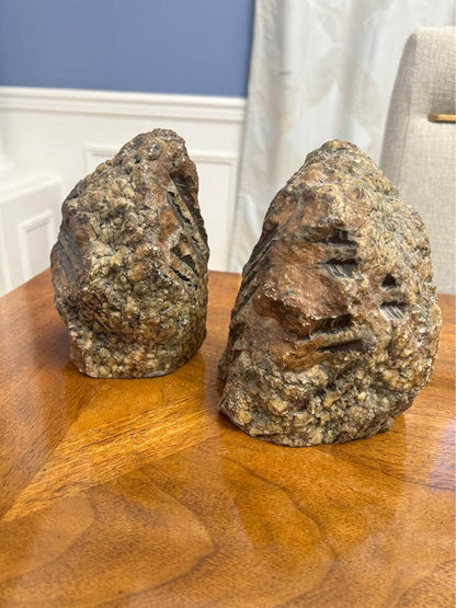 Vintage Italian Polished Faux Bois Stone Brutalist Bookends