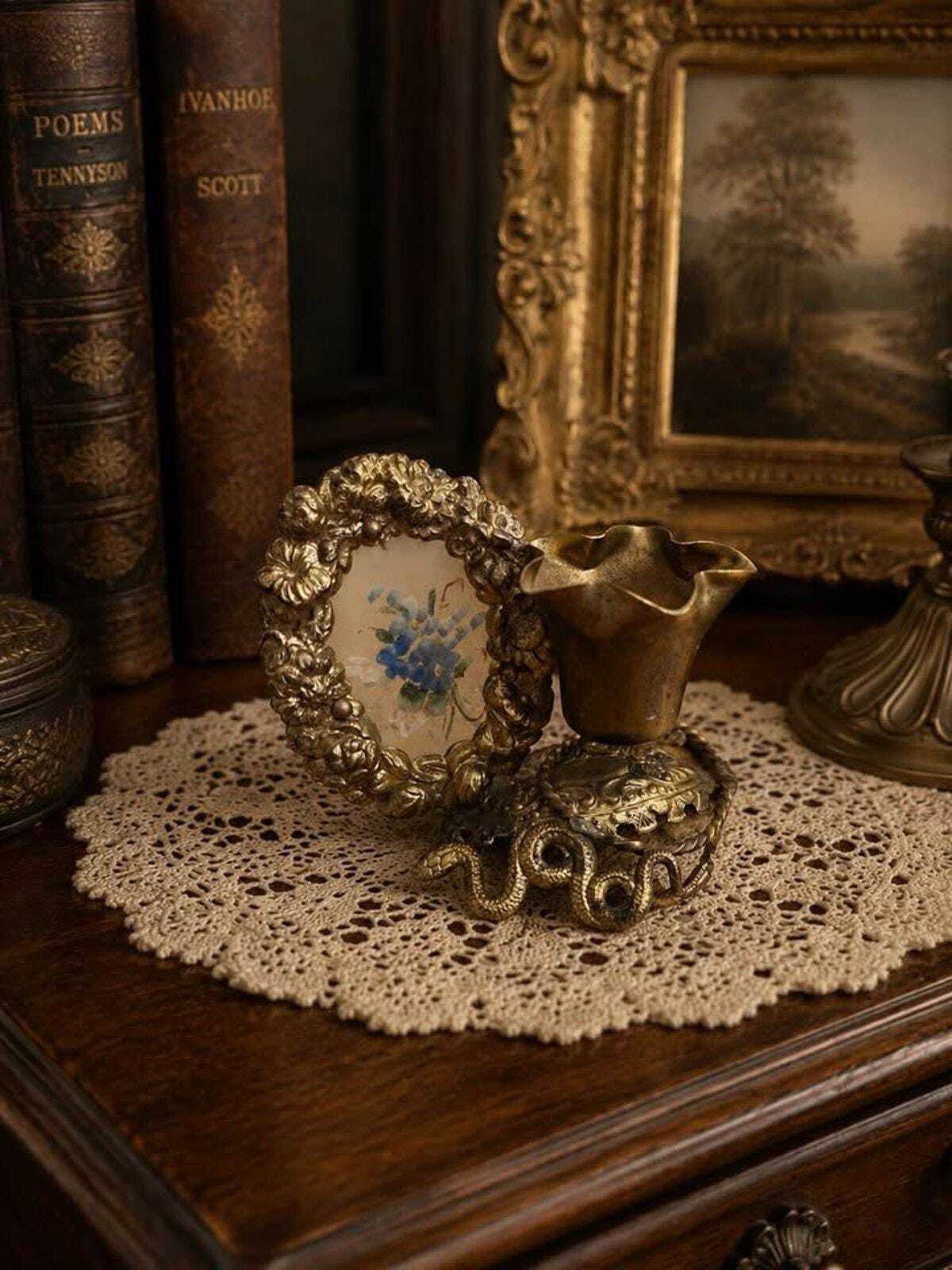 Antique Victorian Ormolu Brass Picture Frame and Spill Vase Desk Tidy with Serpent Motif