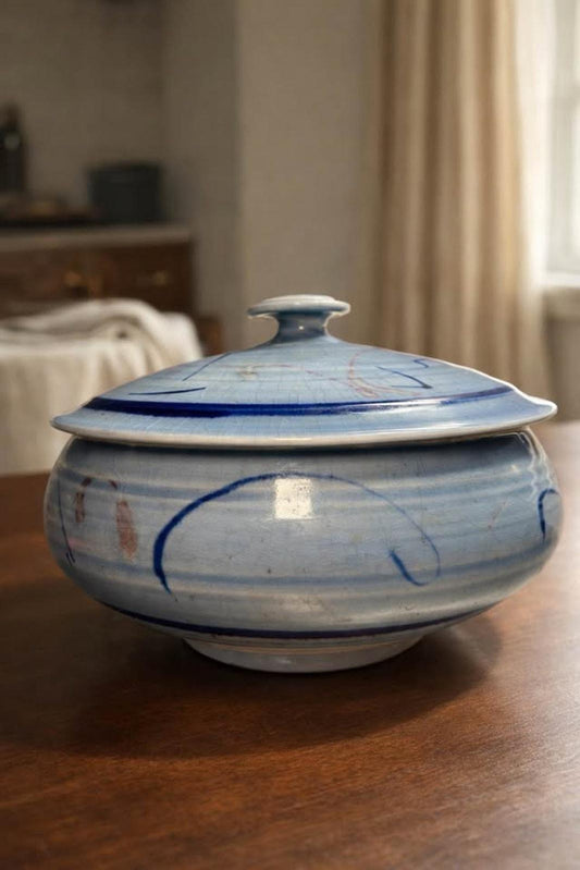 Signed Studio Pottery Covered Bowl | Blue Crackle Glaze & Spiral Knob