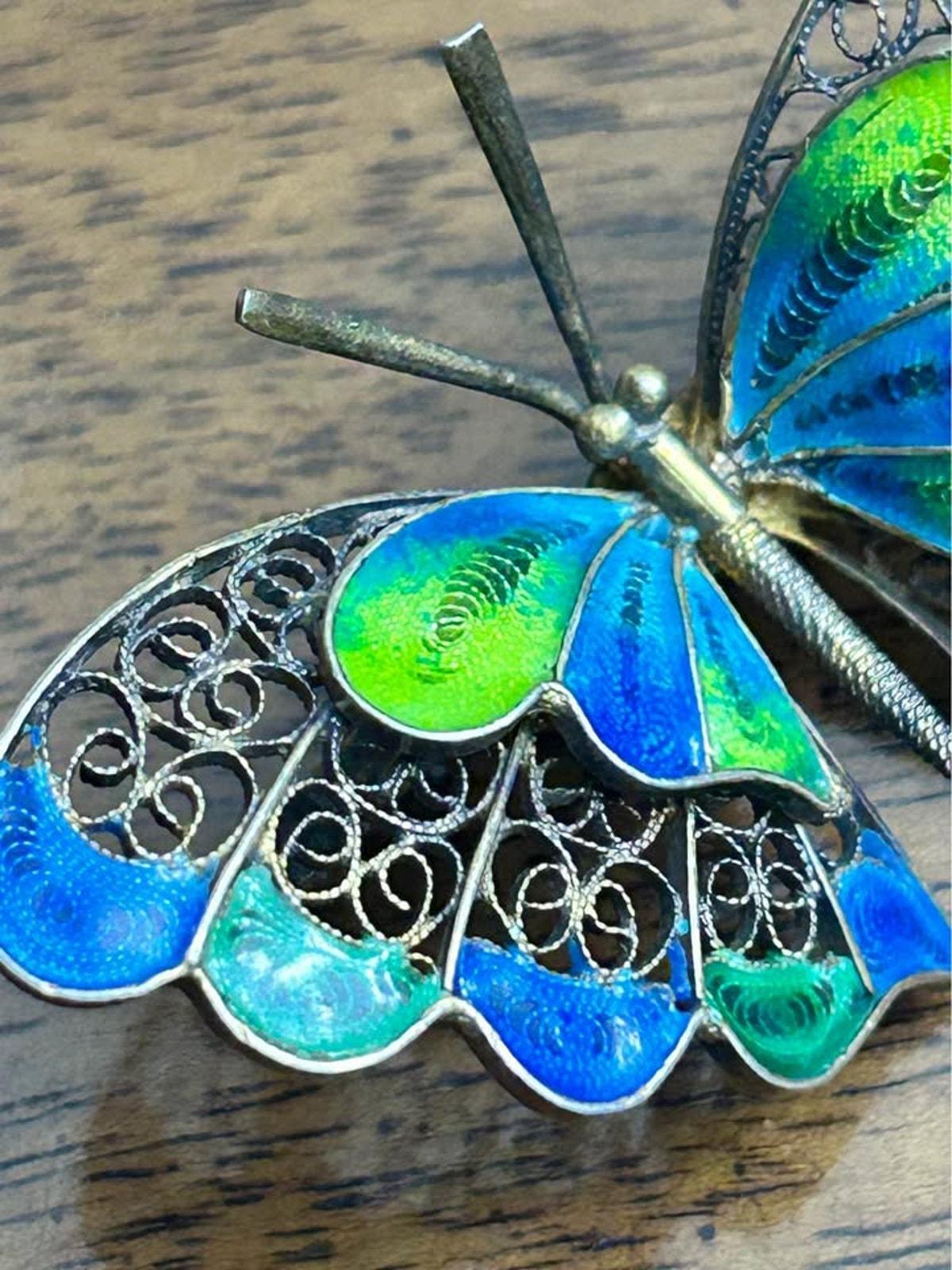 Vintage 800 Silver Filigree Butterfly Brooch With Blue & Green Enamel