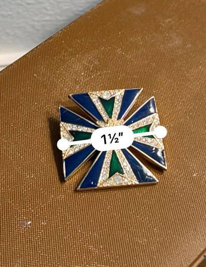 Ciner Vintage Blue and Green Enamel Maltese Cross Brooch and Pendant