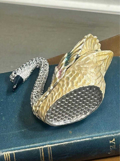 Hand-Painted Enamel Swan Trinket Box with Rhinestone Pavé