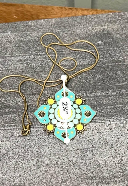 Vintage Brass Turquoise & Yellow Enamel Mandala Pendant Necklace