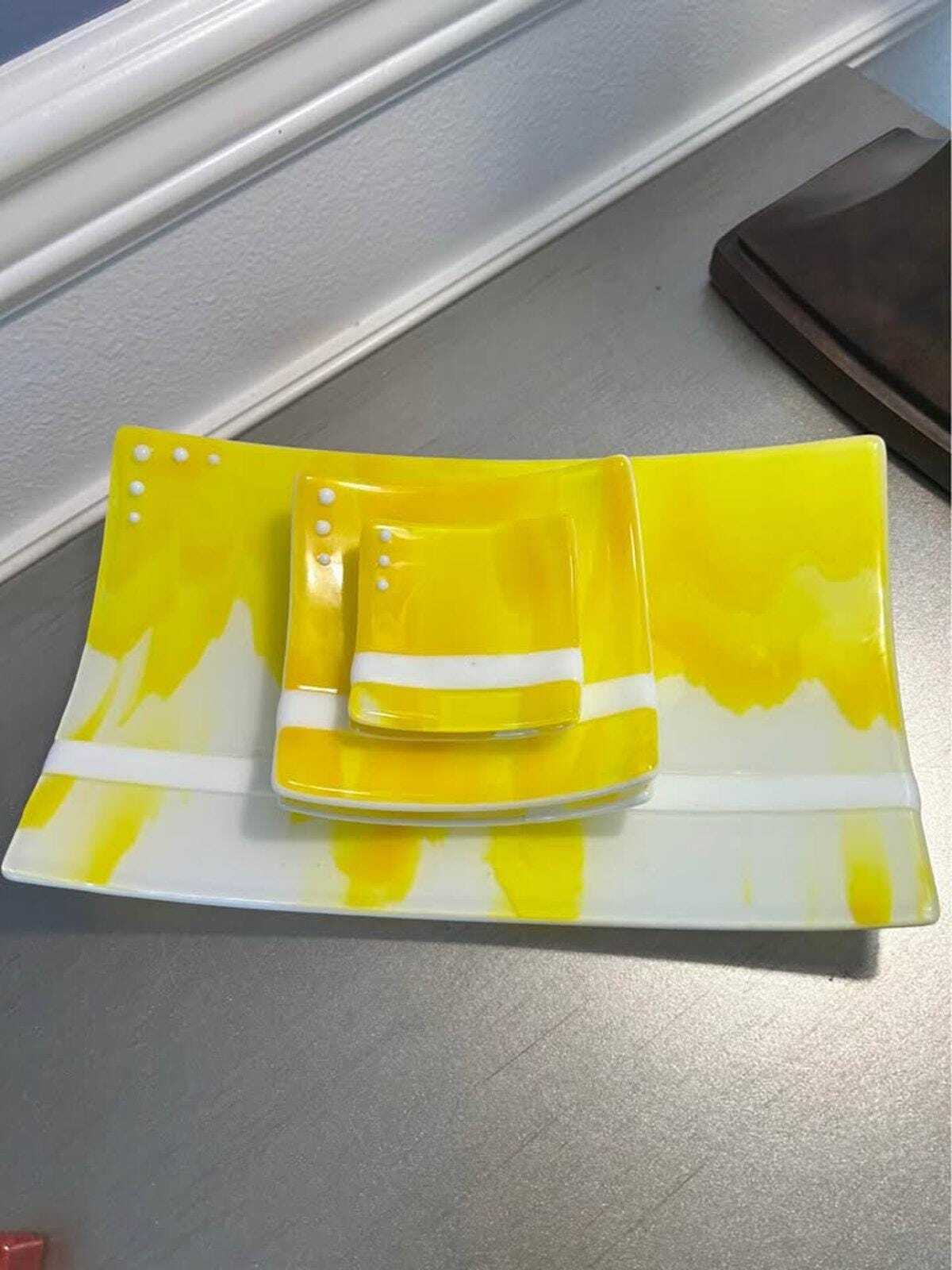 Red Stone Glass Yellow & White Fused Glass Platter and Appetizer Set (5 Pieces)