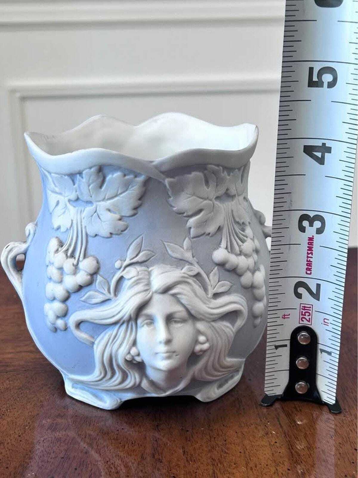 Antique Schafer & Vater Blue Bisque Porcelain Art Nouveau Maiden Vase