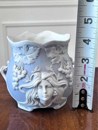Antique Schafer & Vater Blue Bisque Porcelain Art Nouveau Maiden Vase