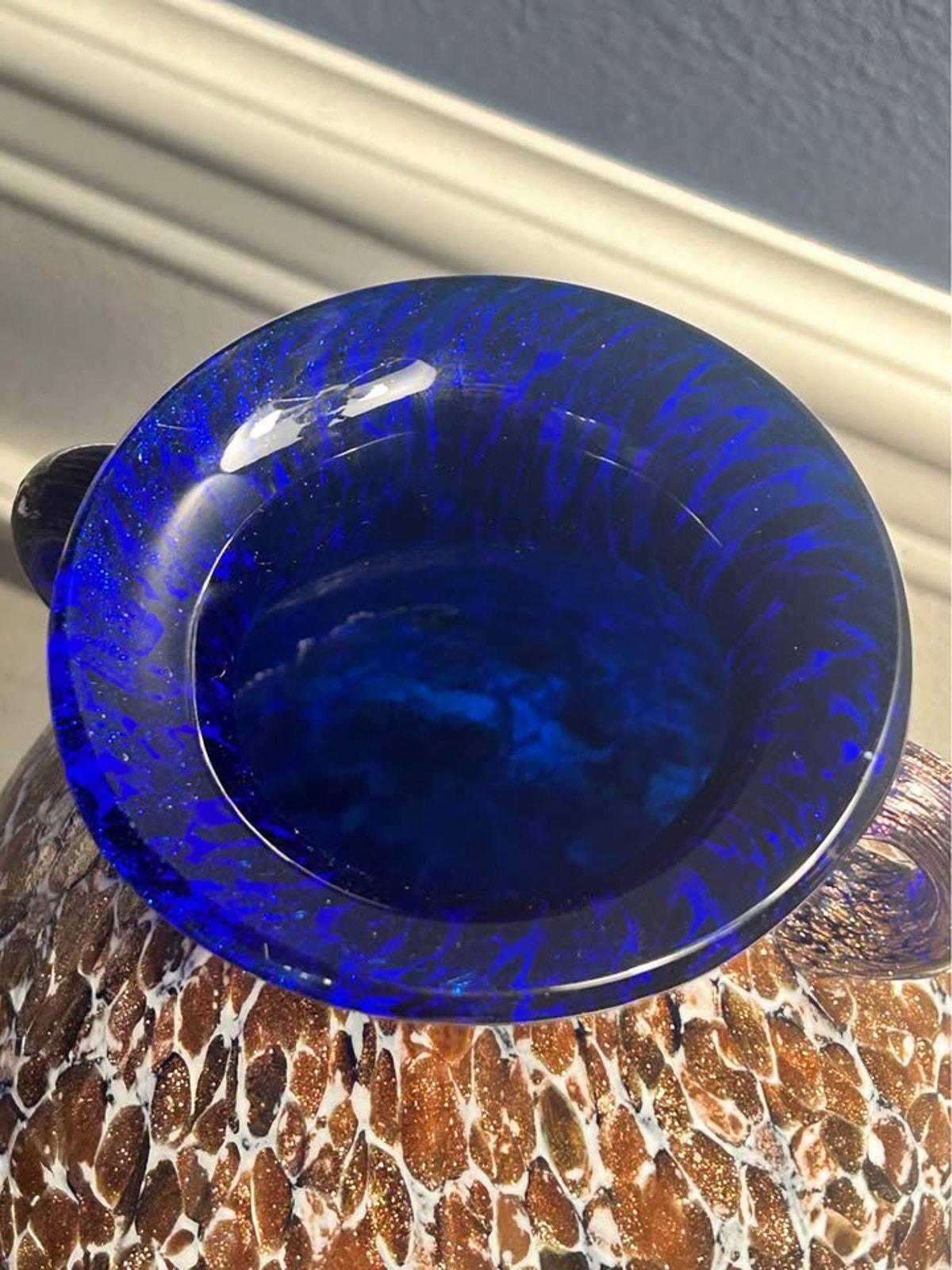 Vintage Cobalt Blue and Gold Aventurine Cased Art Glass Two Handled Amphora Urn Vase