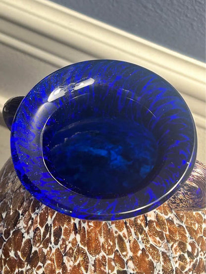 Vintage Cobalt Blue and Gold Aventurine Cased Art Glass Two Handled Amphora Urn Vase