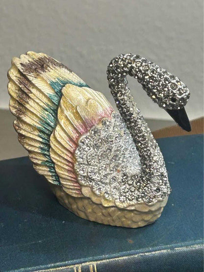 Hand-Painted Enamel Swan Trinket Box with Rhinestone Pavé