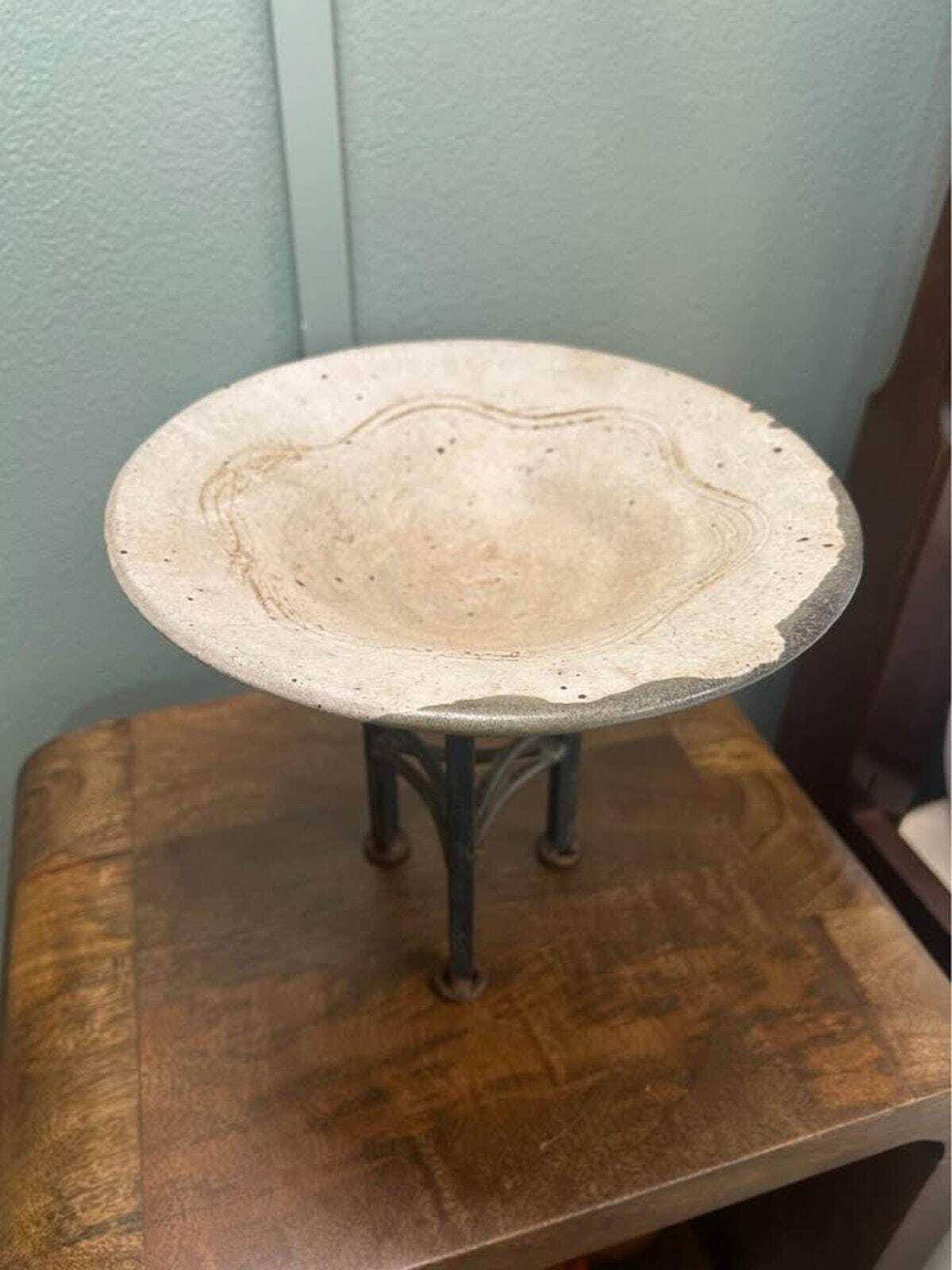 Signed Studio Pottery Bowl on Hand-Forged Iron Tripod Standard