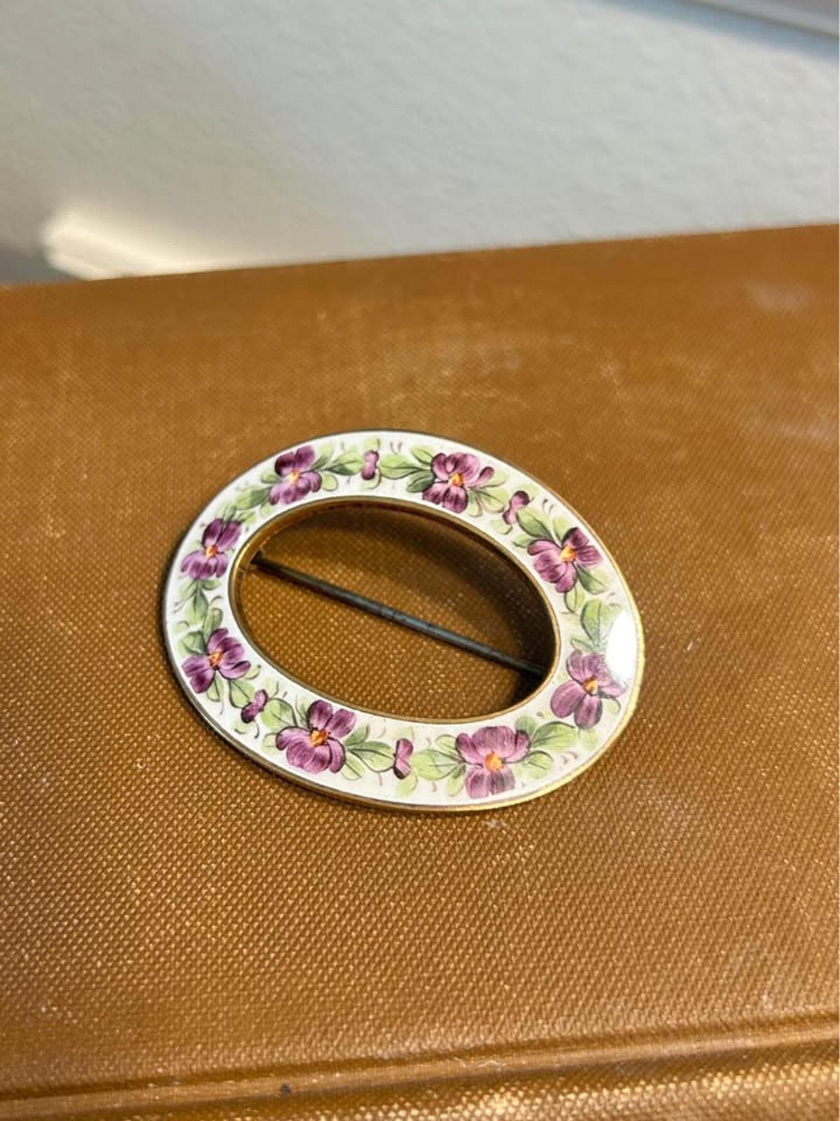 Antique Art Nouveau Suffragette Guilloche Enamel Hand Painted Violet Sash Brooch