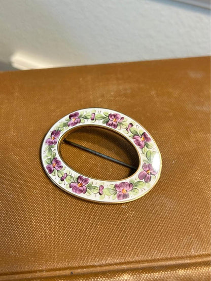 Antique Art Nouveau Suffragette Guilloche Enamel Hand Painted Violet Sash Brooch