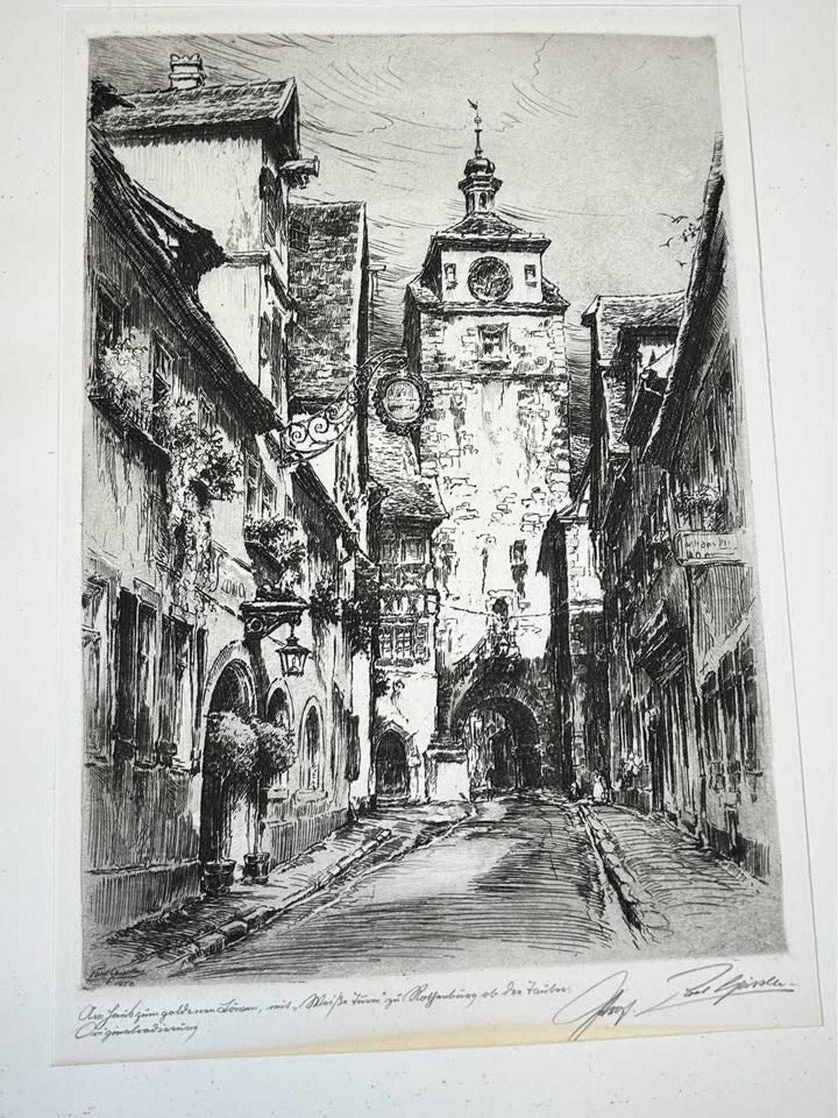 Antique Paul Geissler Original Pencil Signed Architectural Etchings Rothenburg and Nuremberg Pair