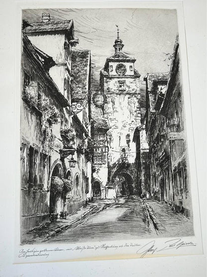 Antique Paul Geissler Original Pencil Signed Architectural Etchings Rothenburg and Nuremberg Pair