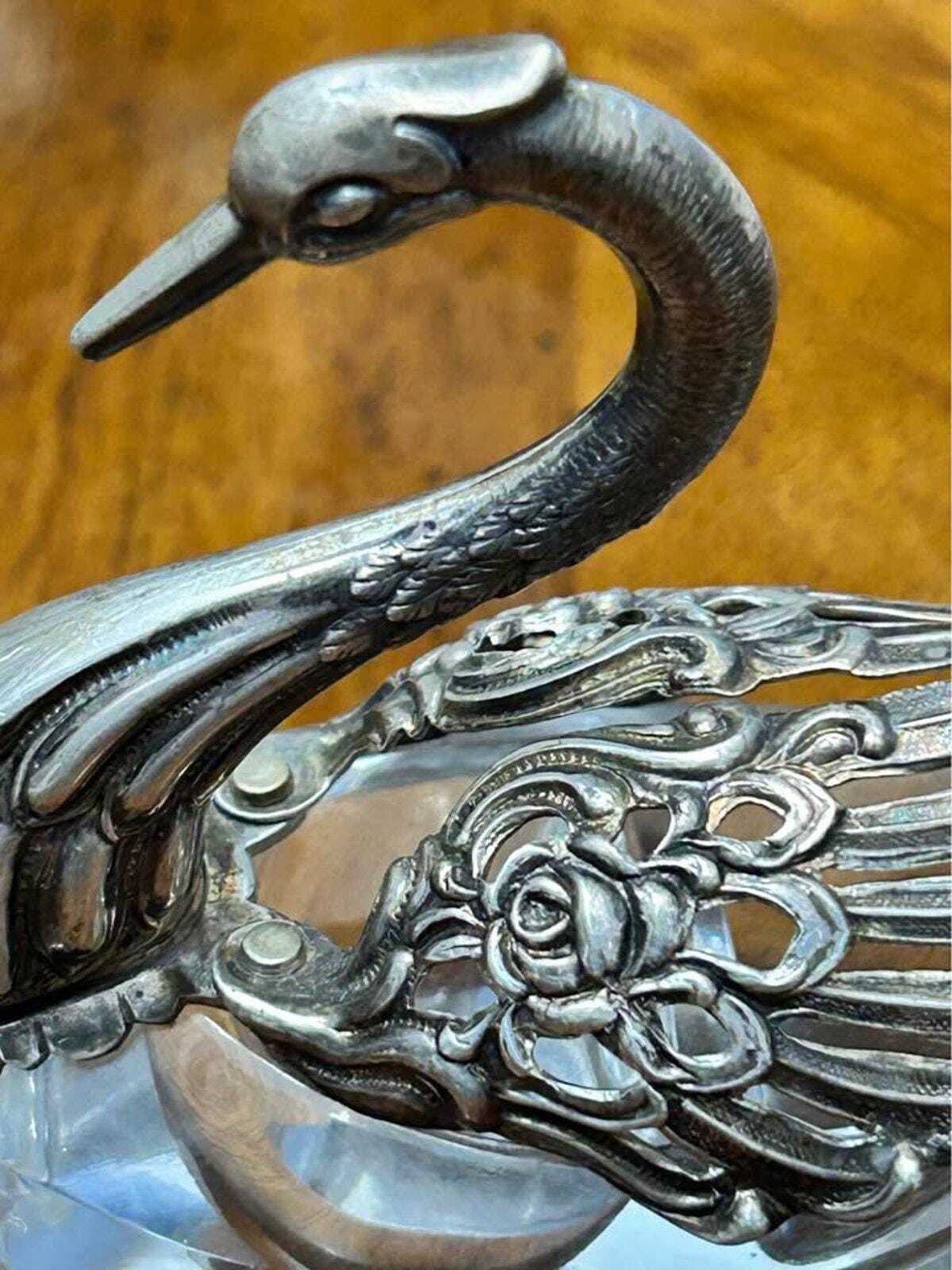 Vintage West German Sterling Silver and Cut Crystal Articulated Swan Salt Cellar