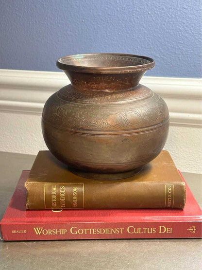 Vintage Hand-Engraved Indian Brass Lota Kalash Water Pot Etched Metal Vase