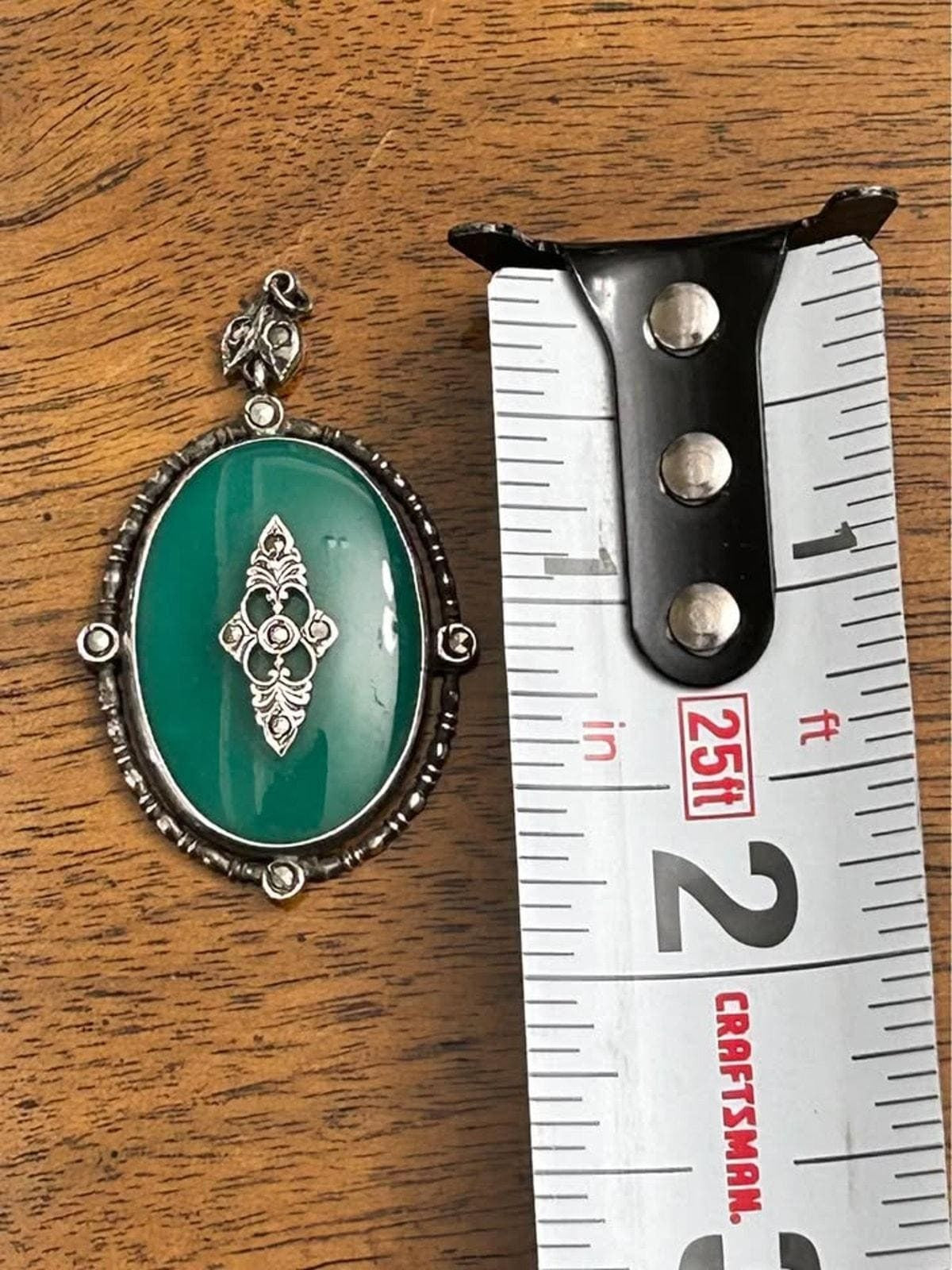 Antique Art Deco Sterling Silver Green Chrysoprase Marcasite Pendant