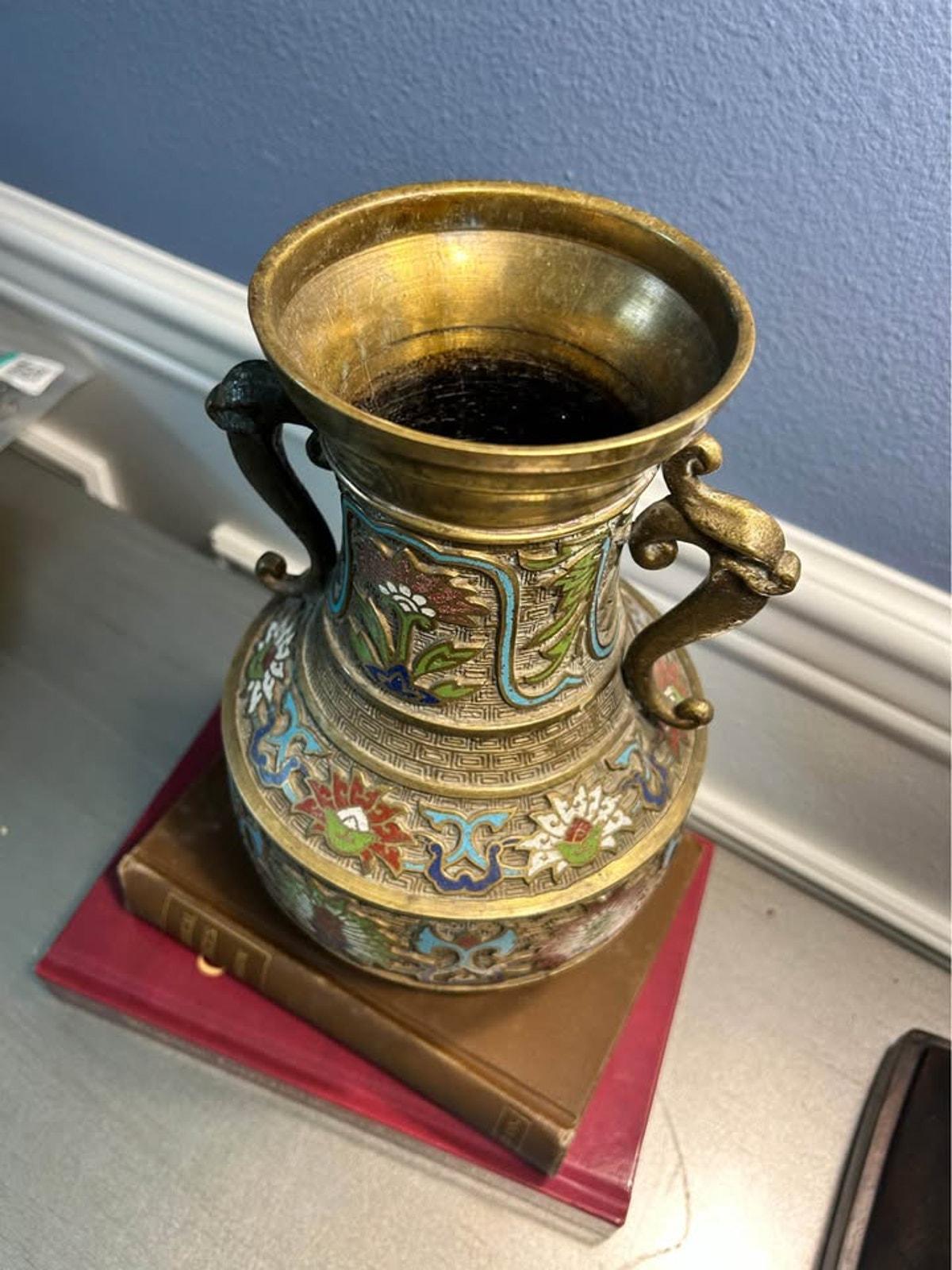 Antique Japanese Champleve Enamel Brass Vase