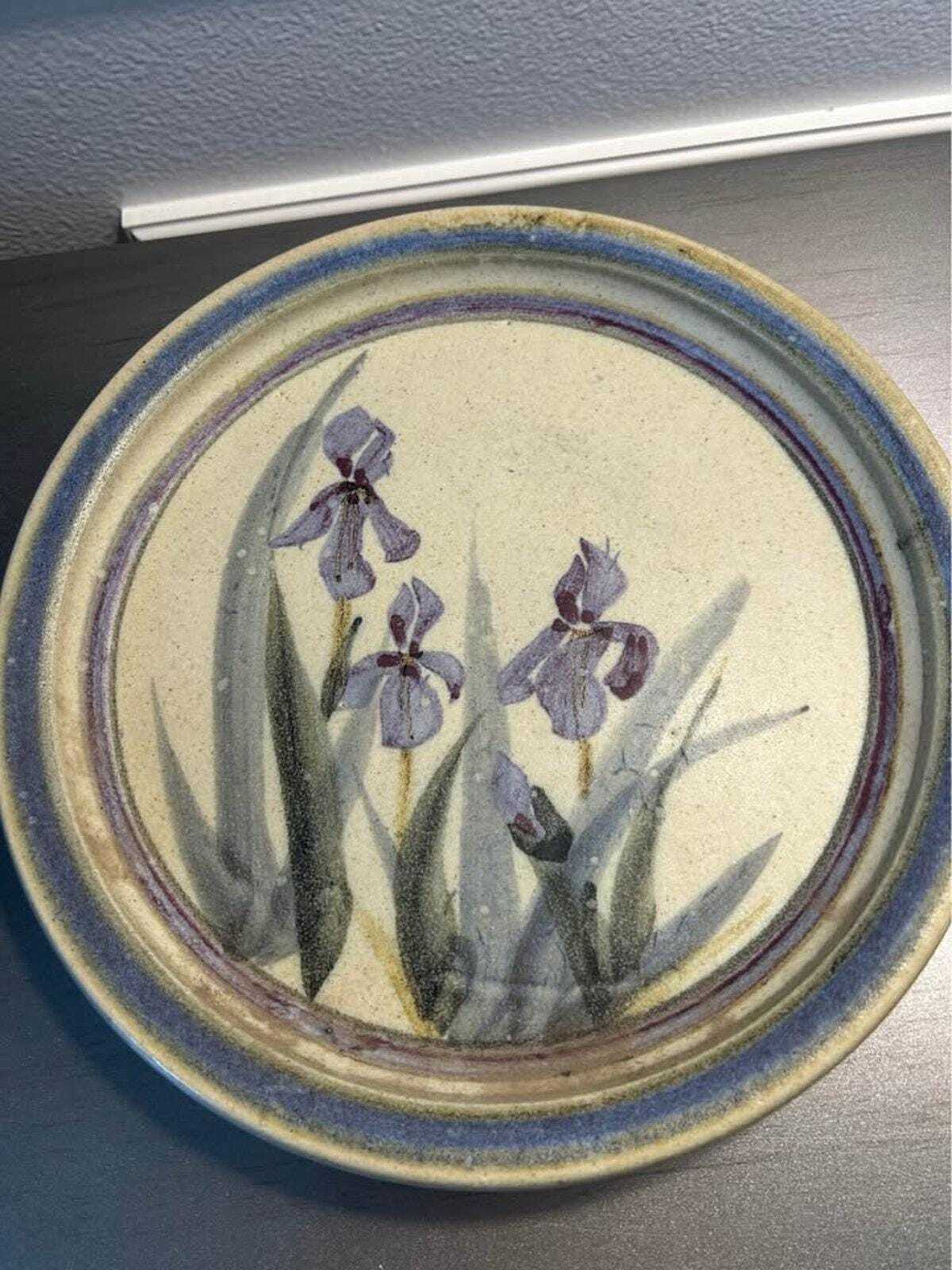 Vintage Studio Pottery Platter | Hand-Painted Purple Iris Botanical Stoneware Dish
